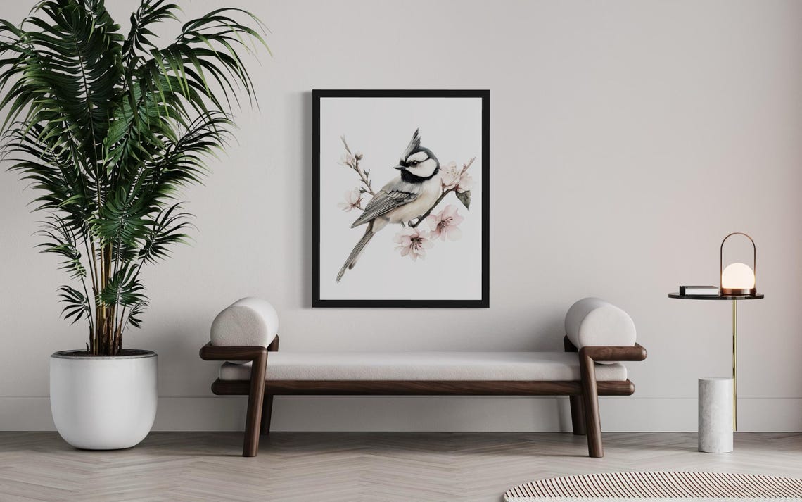 Crested Tit Perched on a Pink Blossomed Branch Watercolor Poster - Image 3