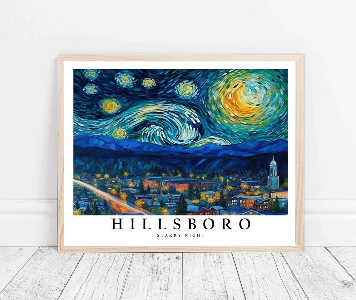 Hillsboro Starry Night City Mountain Valley Night Lights Poster - Image 3