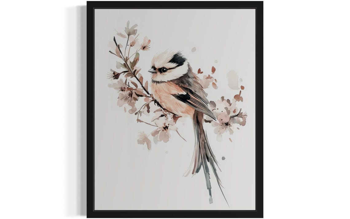 Long Tailed Tit on a Cherry Blossom Sprig Watercolor Bird Poster