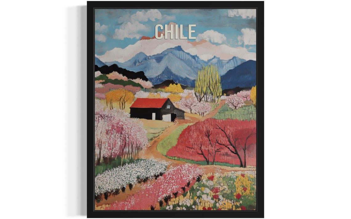 Chile Snow Dusted Andes Barn Sweeping Flower Fields Folk Art Poster