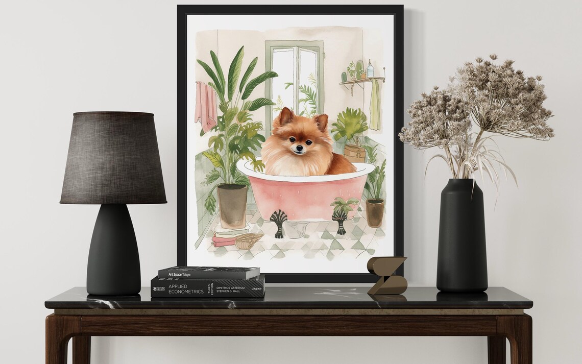 Pomeranian Dog Bath Time Pink Clawfoot Tub Botanical Art Poster - Image 3