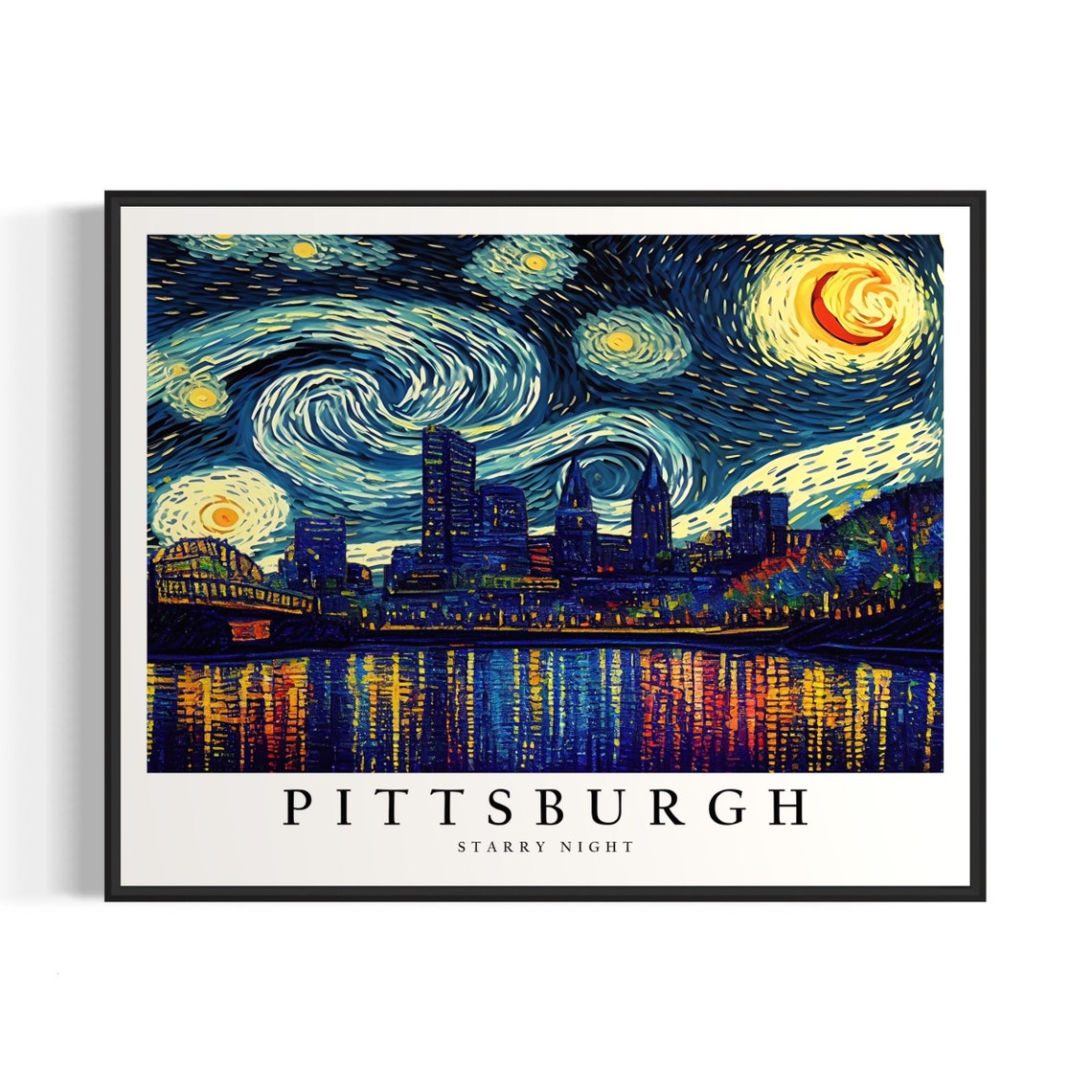 Pittsburgh Riverfront Skyline Van Gogh Starry Night City Poster