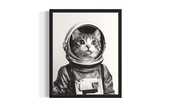 Astronaut Cat Black And White Poster Art Print Bathroom Wall Original Paint Artwork Decor