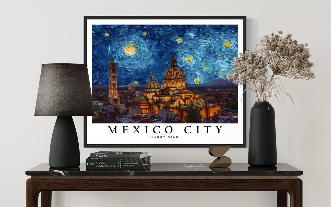Mexico City Starry Night Cathedral Domes Old Town Art Poster - Image 3