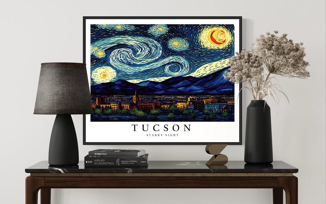 Tucson Arizona Starry Night Desert Mountains Old Town City Art Poster - Image 3