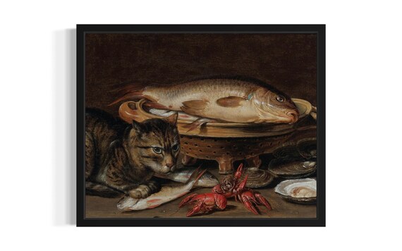 Cat And Fish Art Print, Original Paint Artwork
