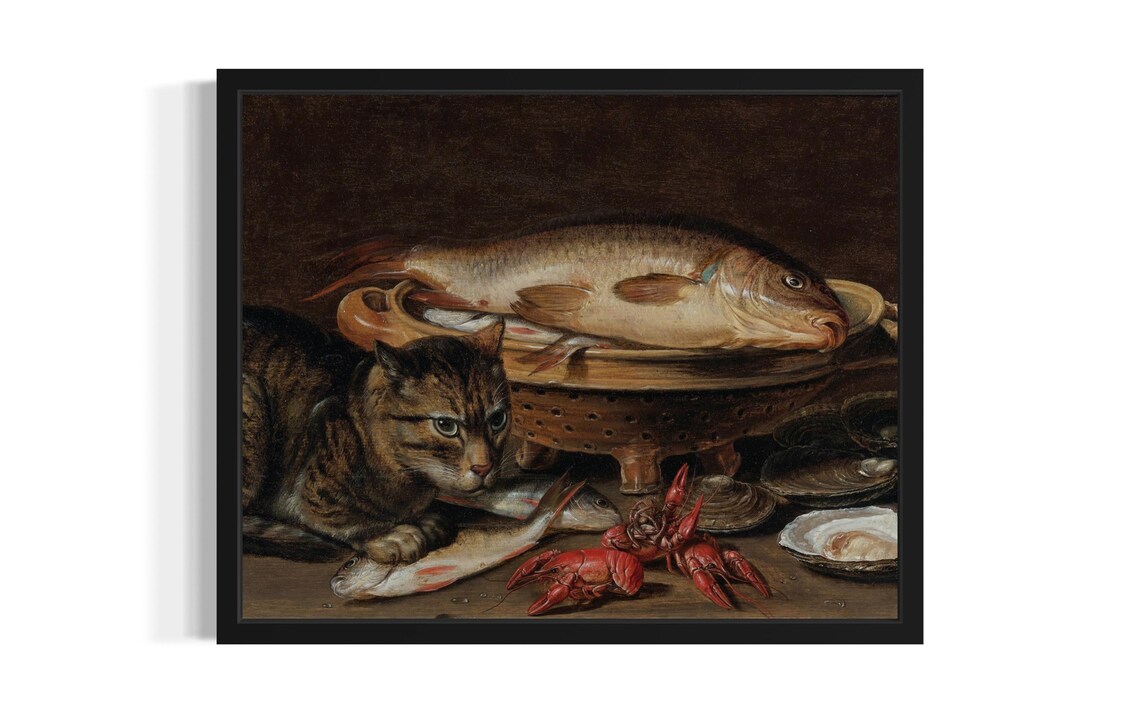 Cat And Fish Art Print, Original Paint Artwork