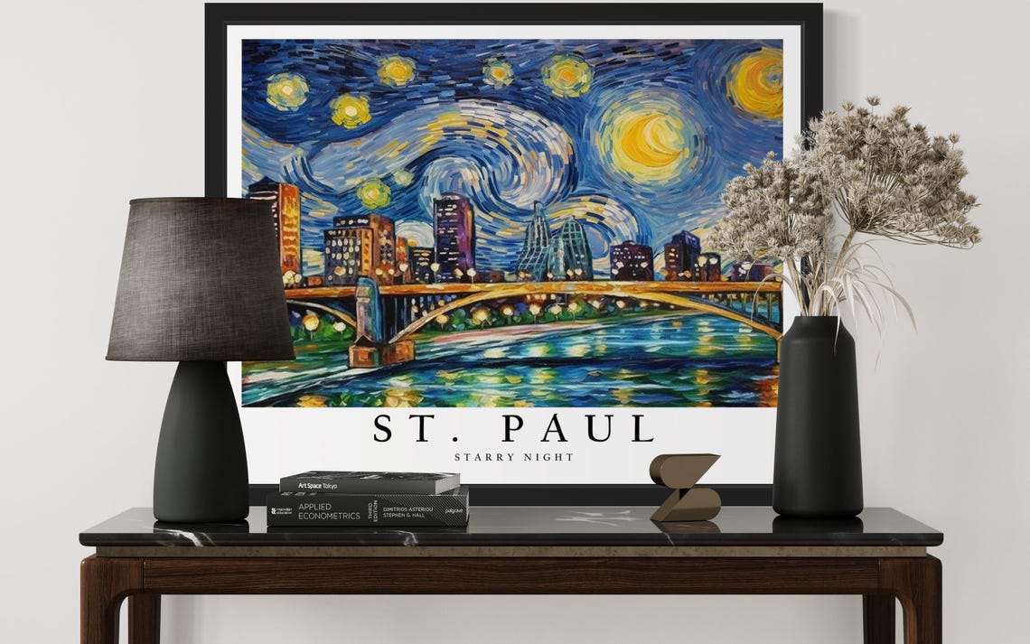 St. Paul Minnesota Starry Night River Bridge Skyline Art Poster - Image 3