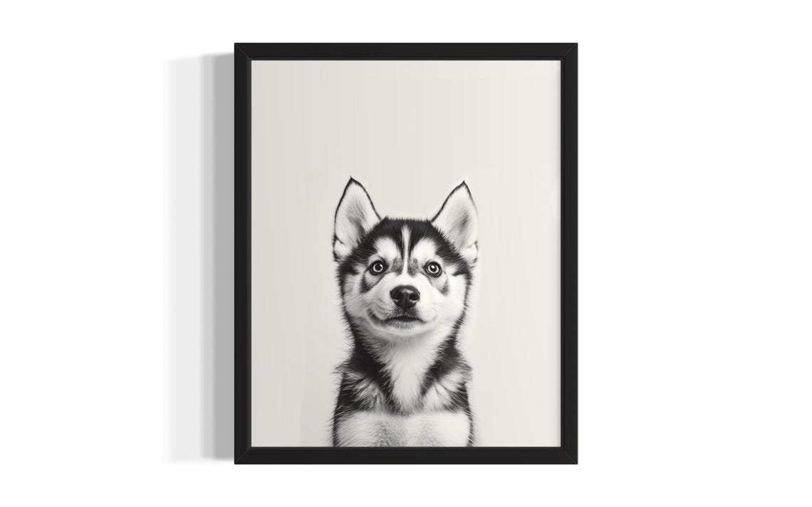 Minimalist Black and White Siberian Husky Puppy Portrait Poster