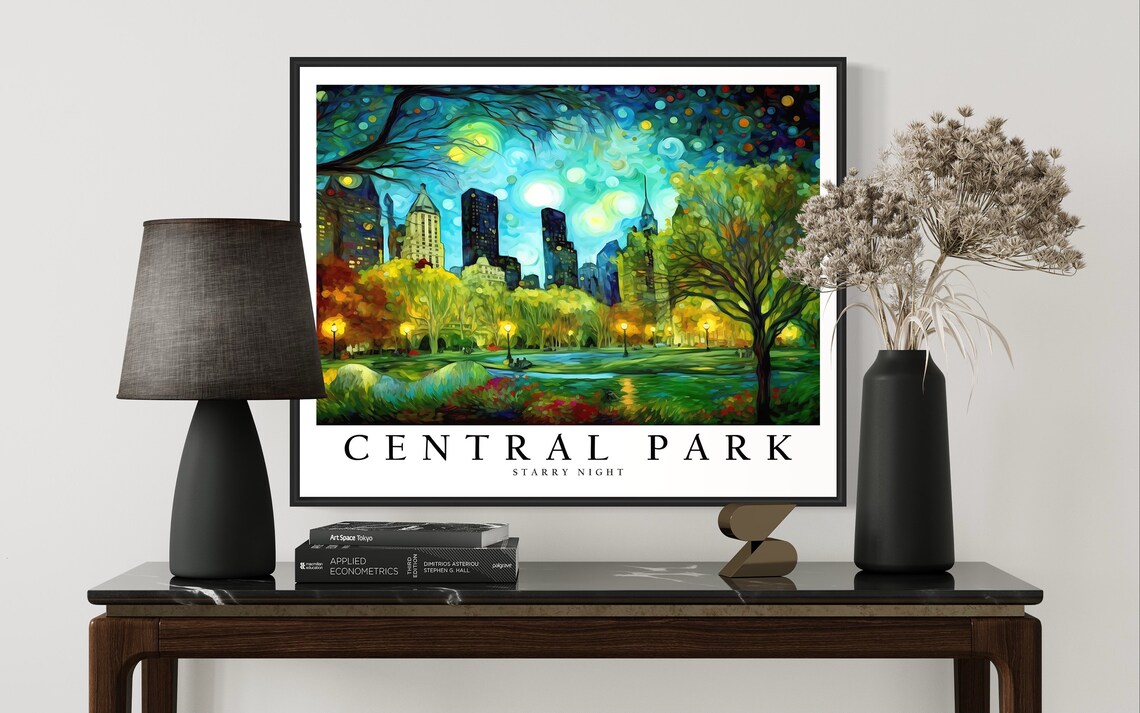 Central Park New York City Starry Night Skyline Pond Art Poster - Image 3