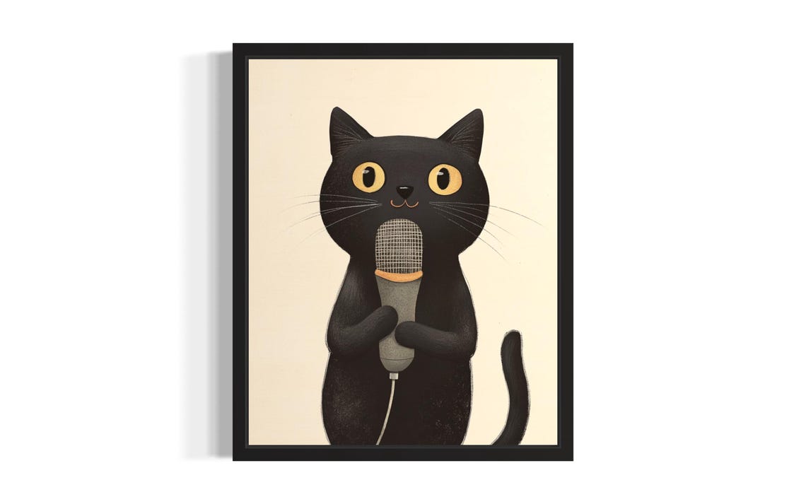 Black Cat Singing into Microphone Cute Illustrated Pet Portrait Poster