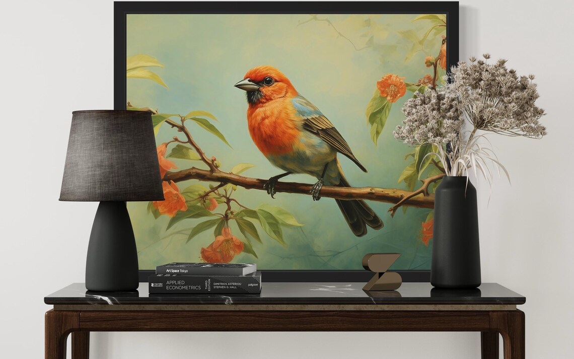Orange Finch Perched on Flowering Branch Original Painting Poster - Image 3