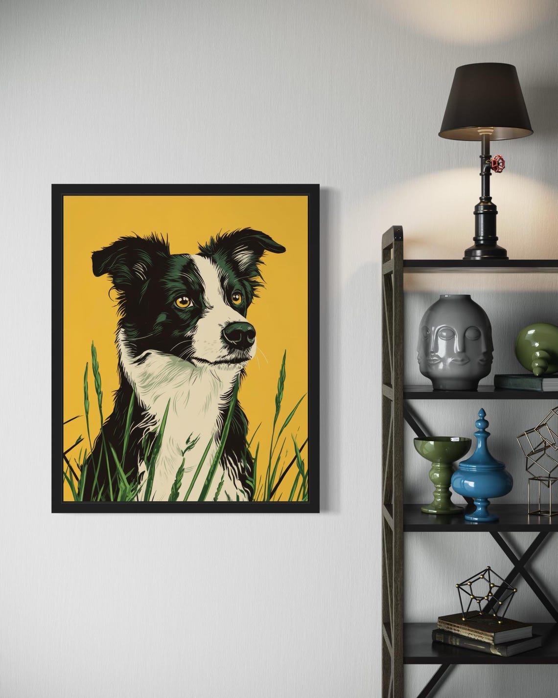 Border Collie Mustard Background Farm Dog Portrait Art Poster - Image 4