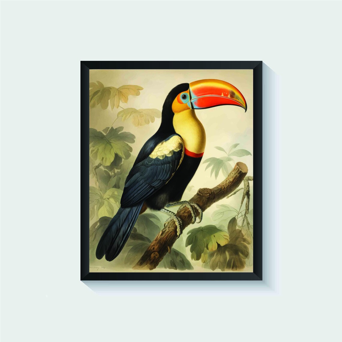 Toco Toucan Perched on a Branch with Tropical Leaves Vintage Poster