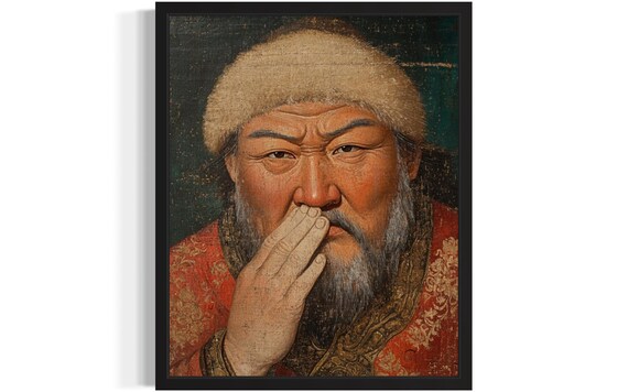 Funny Genghis Khan Holding Nose Quirky Vintage Portrait Poster