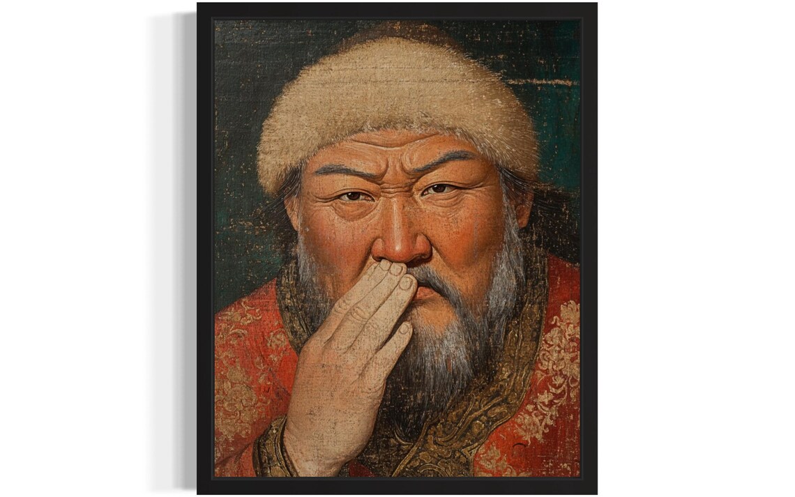 Funny Genghis Khan Holding Nose Quirky Vintage Portrait Poster