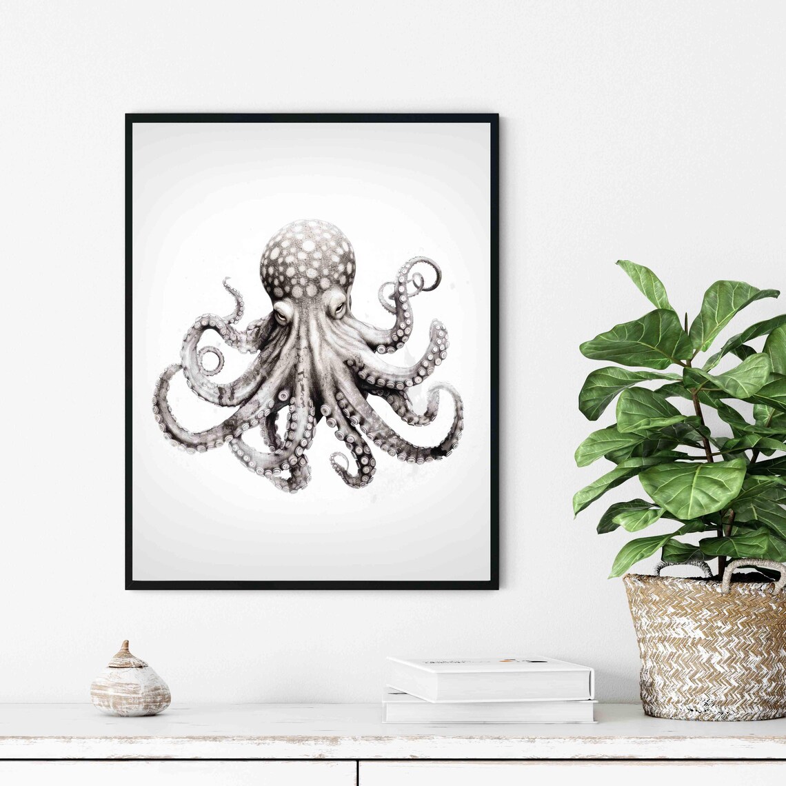 Graceful Octopus with Curled Tentacles in Watercolor Art Poster - Image 3