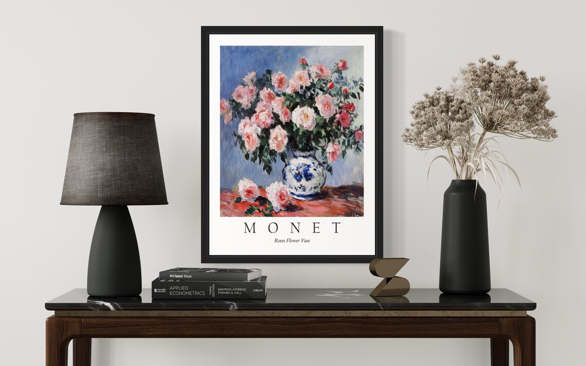 Pink Roses in a Porcelain Vase Monet Style Floral Still Life Poster - Image 3