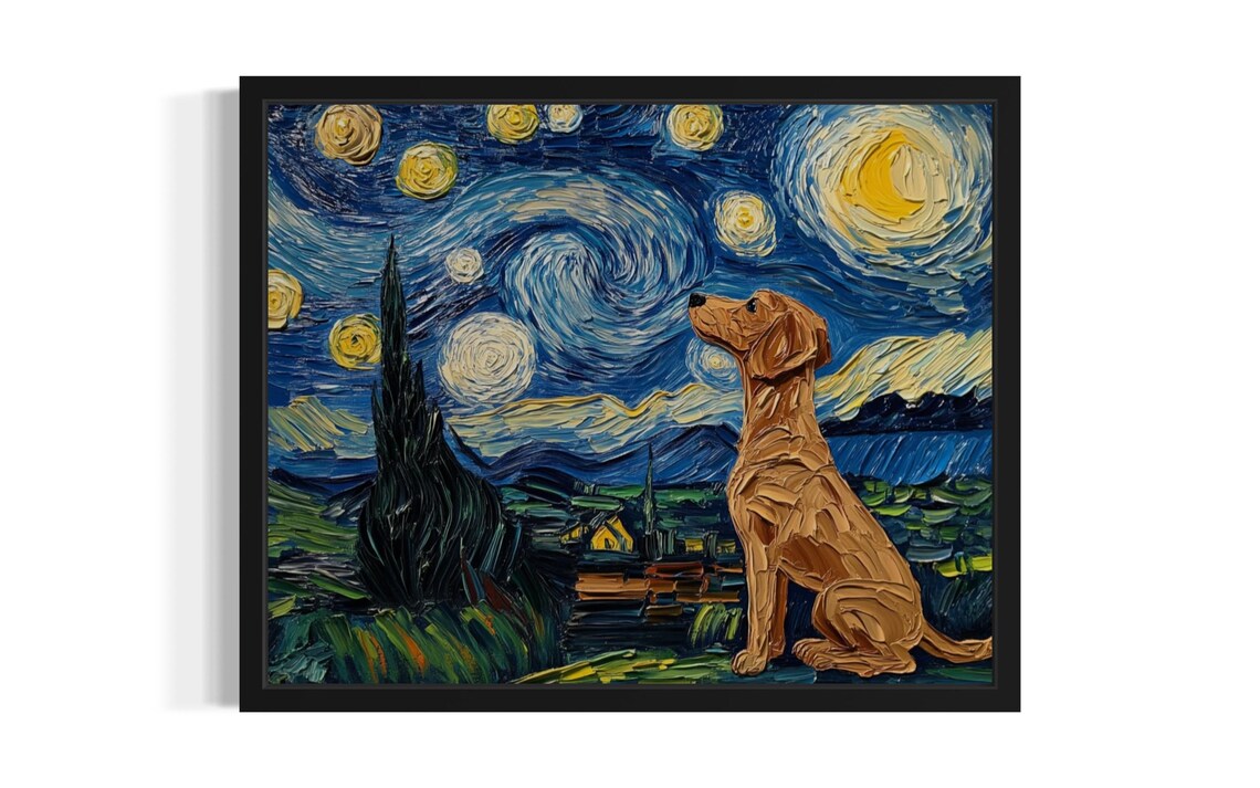 Seated Tan Dog Gazing Up at a Van Gogh Starry Night Sky Poster