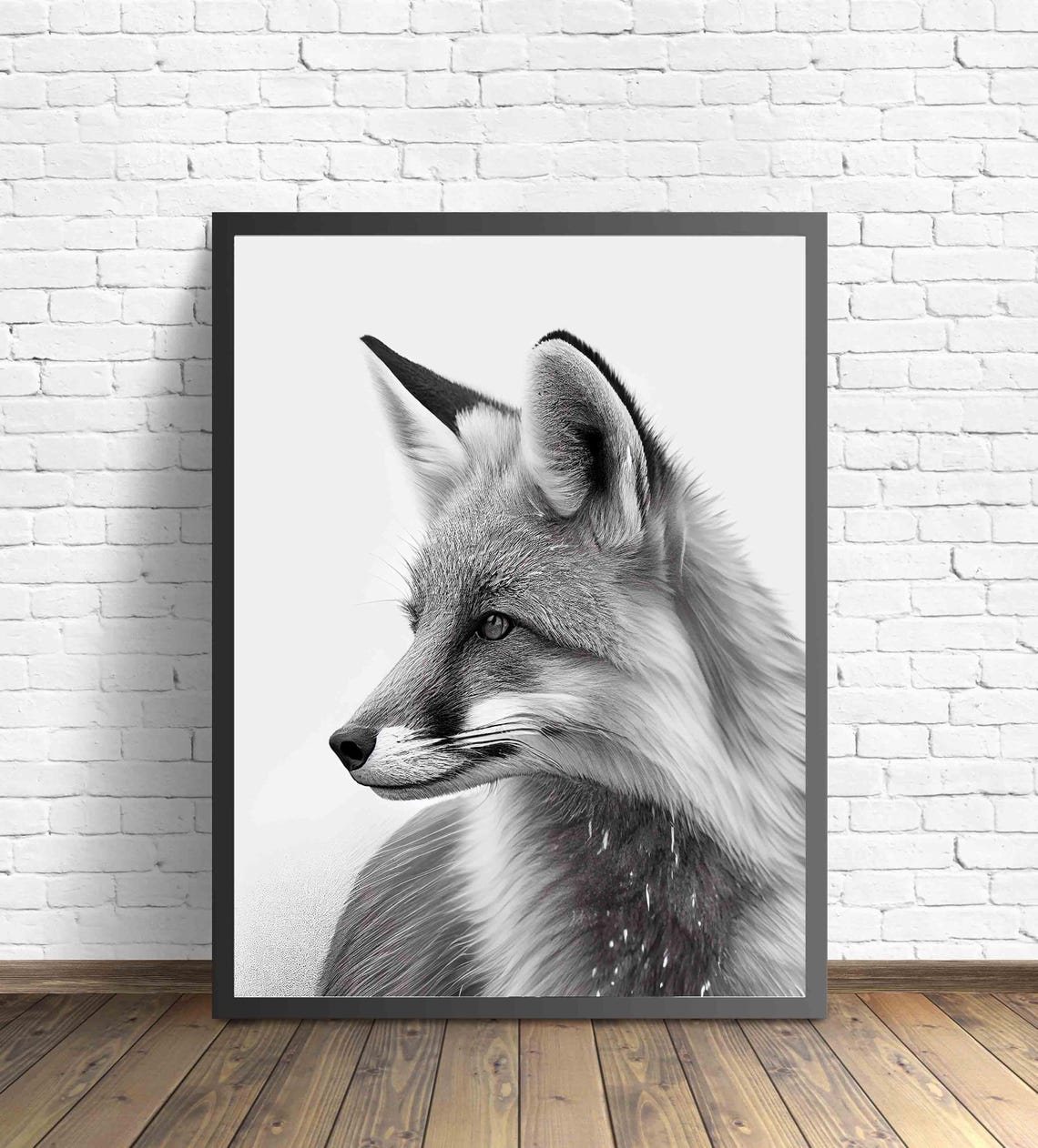 Fox Black and White Side Profile Woodland Animal Portrait Poster - Image 3