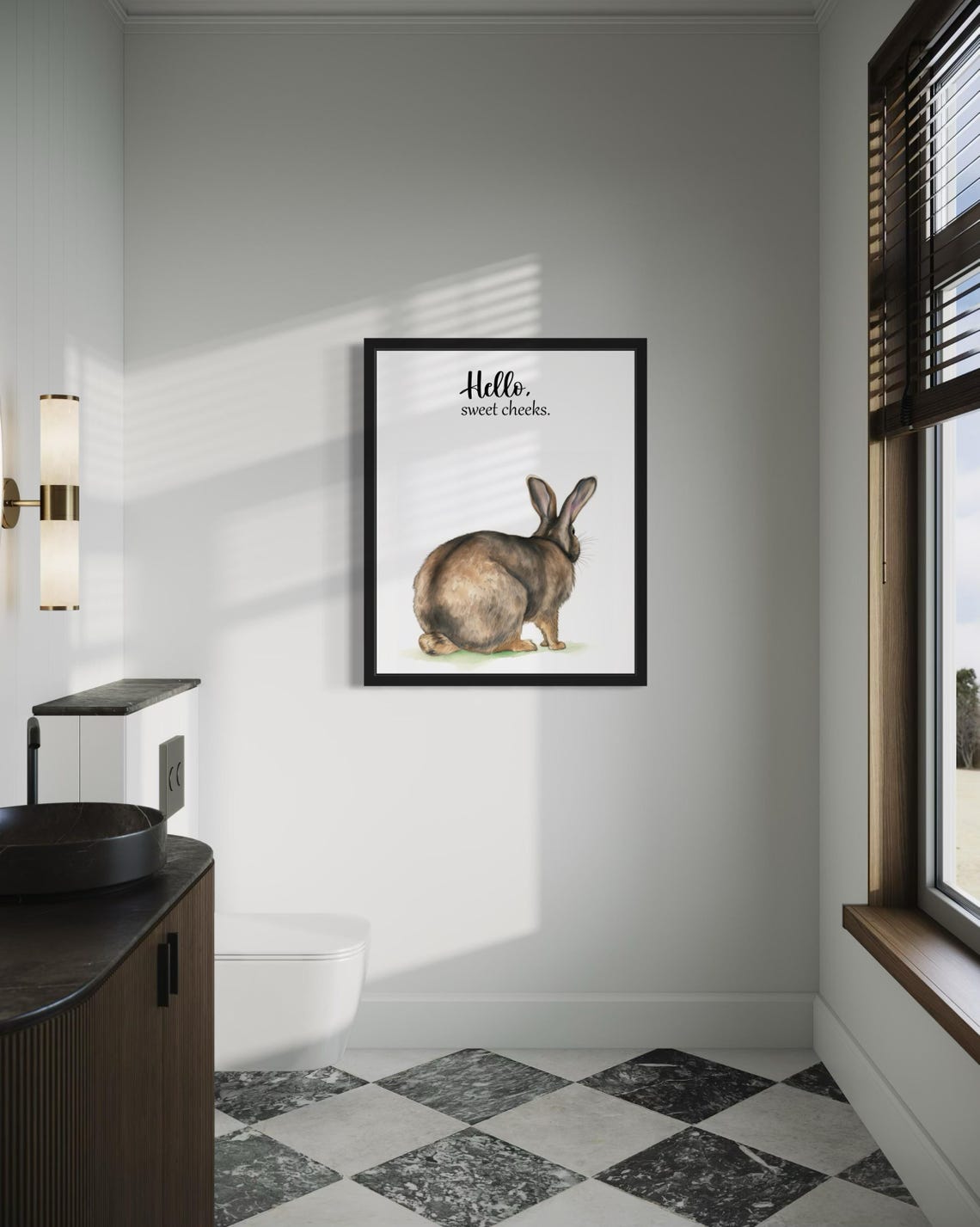 Hello Sweet Cheeks Brown Rabbit Watercolor Bathroom Humor Poster - Image 4