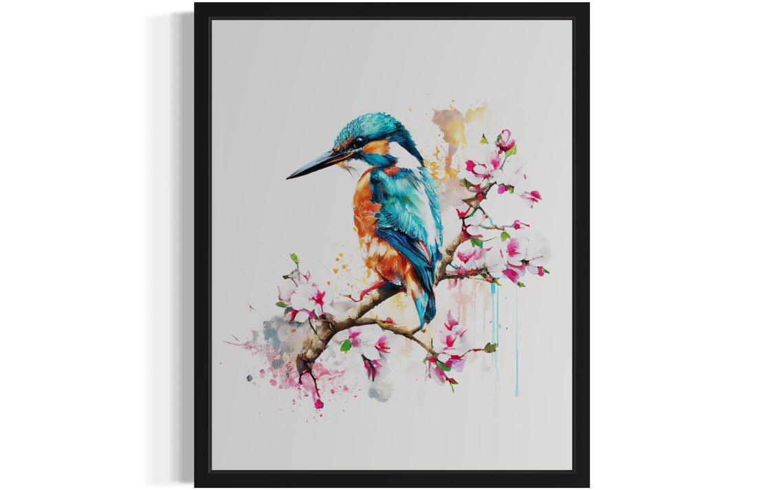 Kingfisher On Blossom Branch In Watercolor Spring Bird Poster