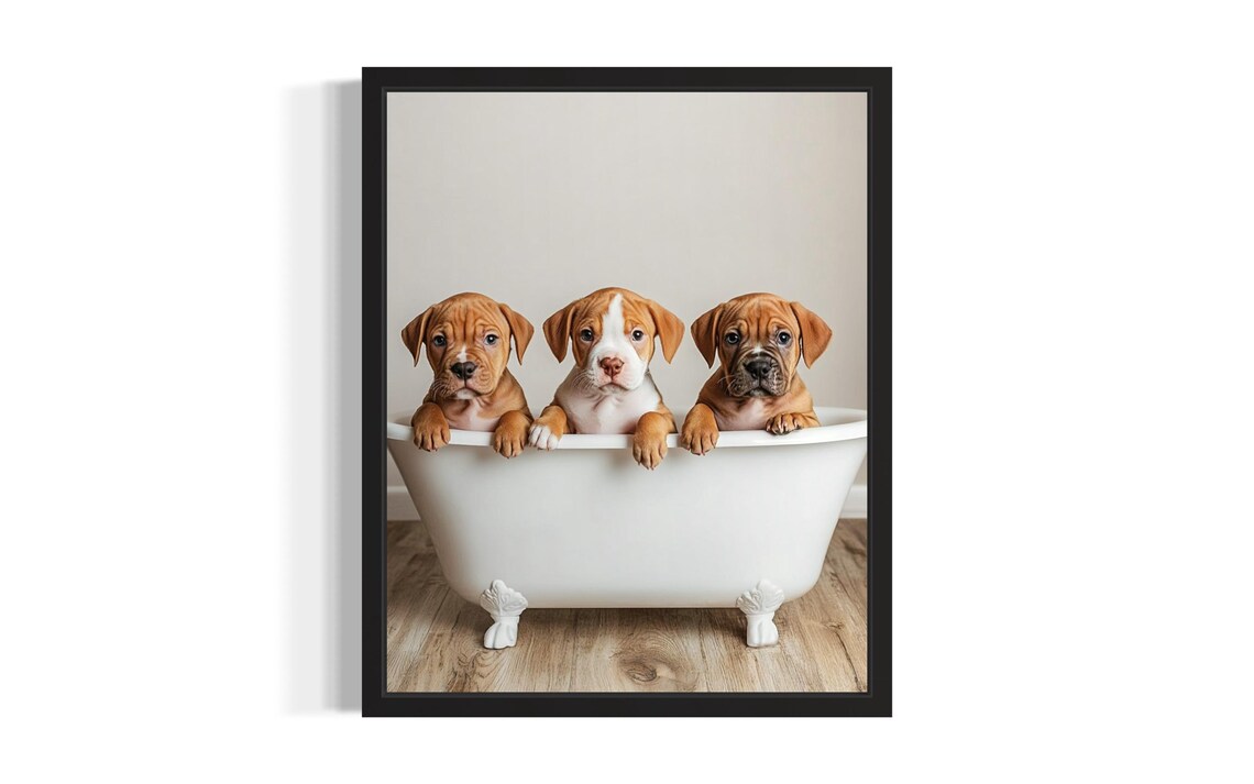 Three Brown Puppy Siblings in a White Clawfoot Tub Cute Bathroom Dog Poster