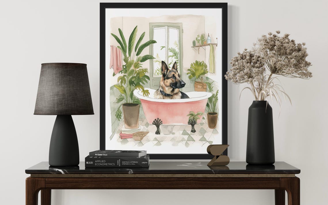 German Shepherd Bath Time Pink Clawfoot Tub Botanical Art Poster - Image 3