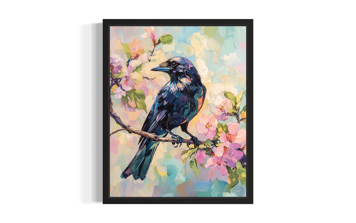 Crow on Blossom Branch Original Oil Painting Bird Floral Poster