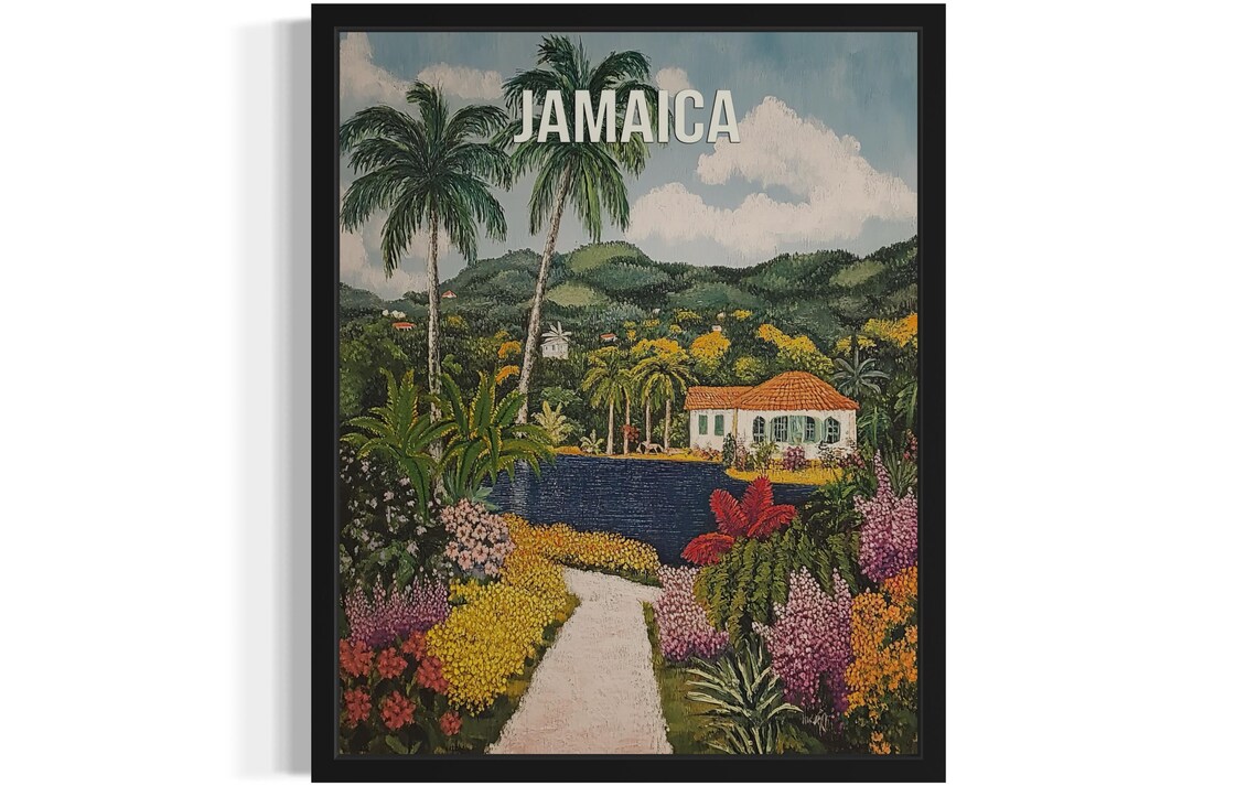 Jamaica Tropical Estate with Palms, Lake and Flower Path Travel Poster