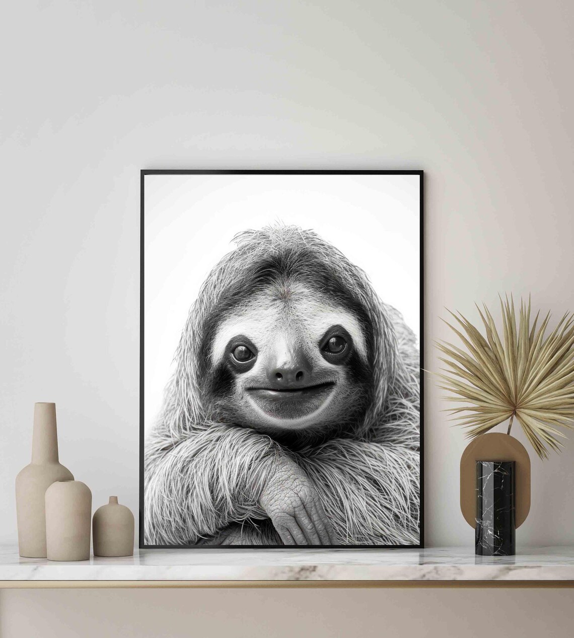 Sloth Black and White Smiling Cute Wild Animal Portrait Poster - Image 2
