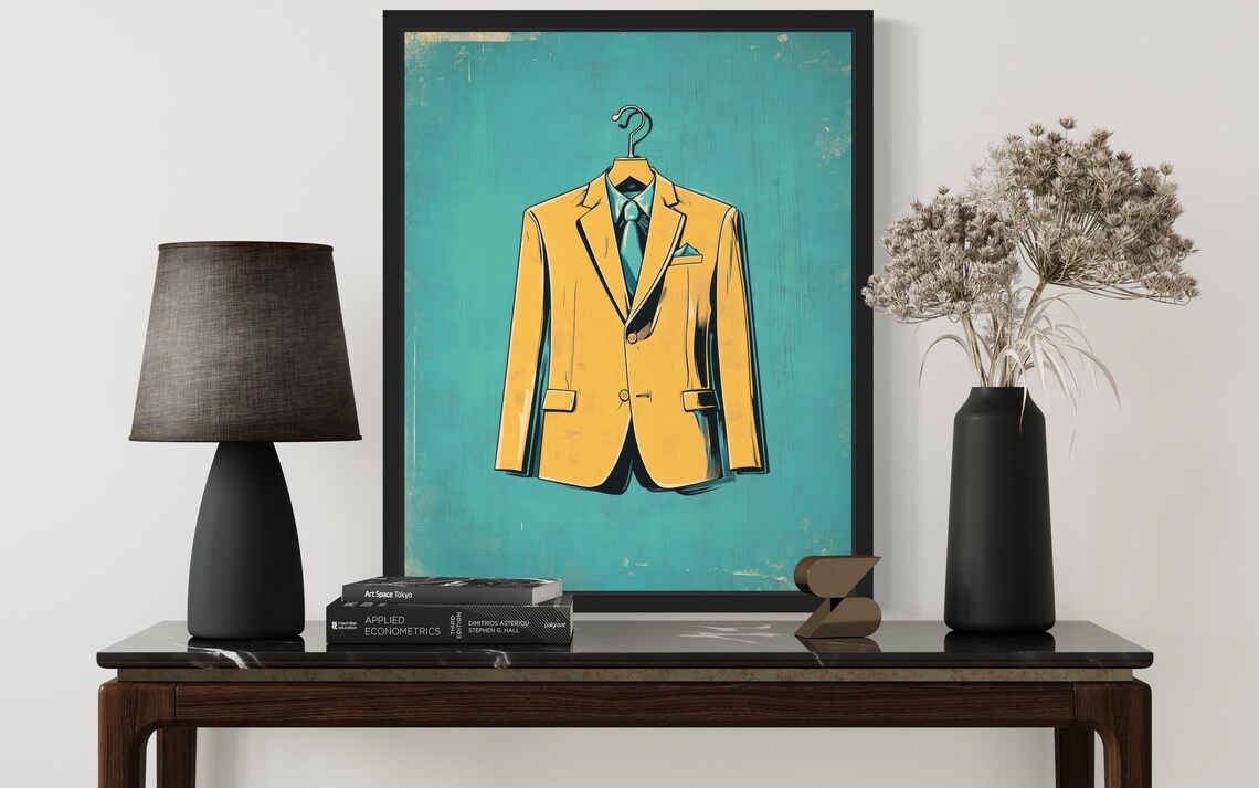 Retro Mustard Yellow Suit Jacket on Hanger Pop Art on Teal Poster - Image 2