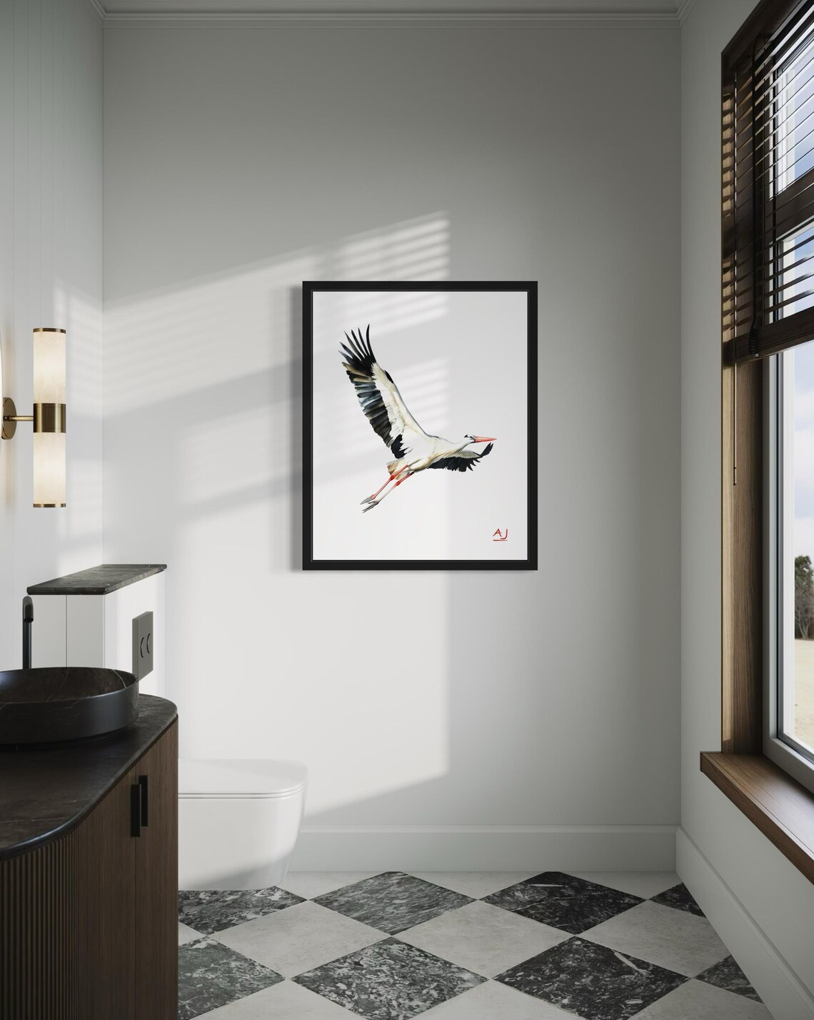 White Stork Spreading Wings in Flight Watercolor Bird Painting Poster - Image 3