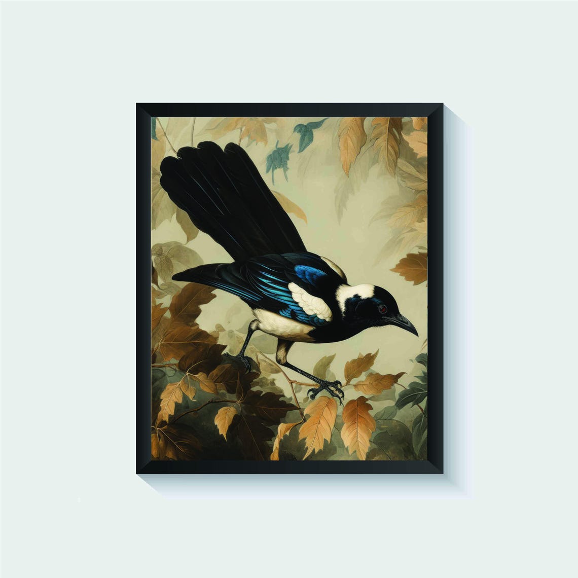 Black Billed Magpie Among Autumn Leaves Vintage Bird Art Poster