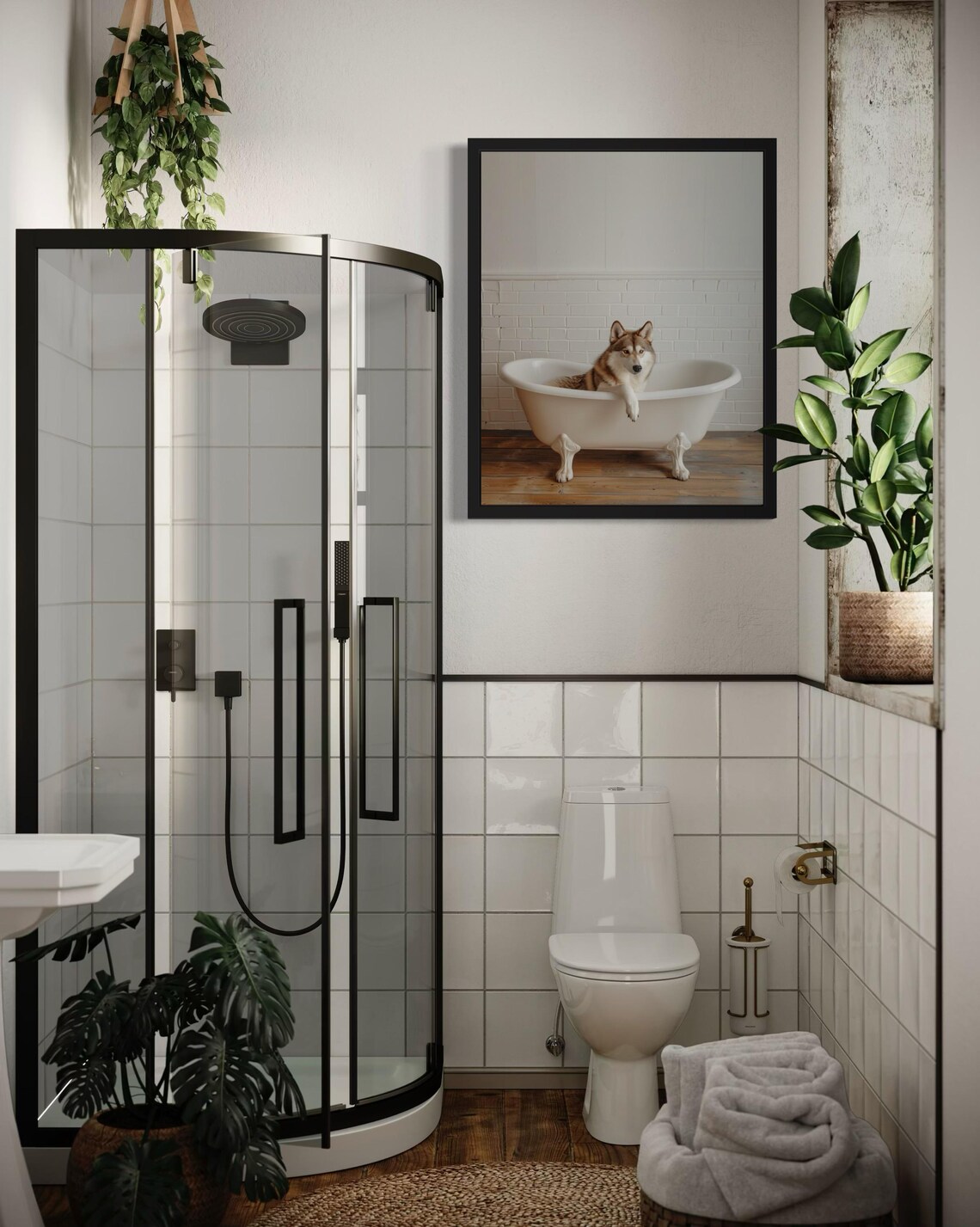 Husky Dog Resting in a White Clawfoot Tub Minimalist Photo Poster - Image 4
