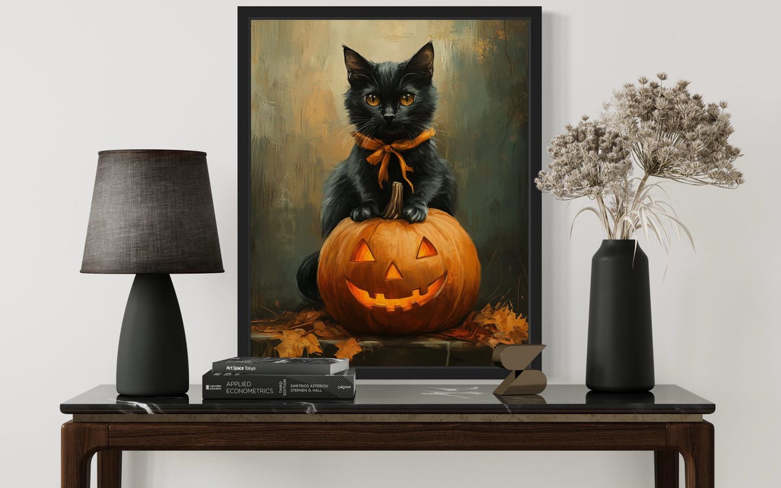 Black Cat Sitting On Glowing Jack O Lantern Halloween Night Poster - Image 3