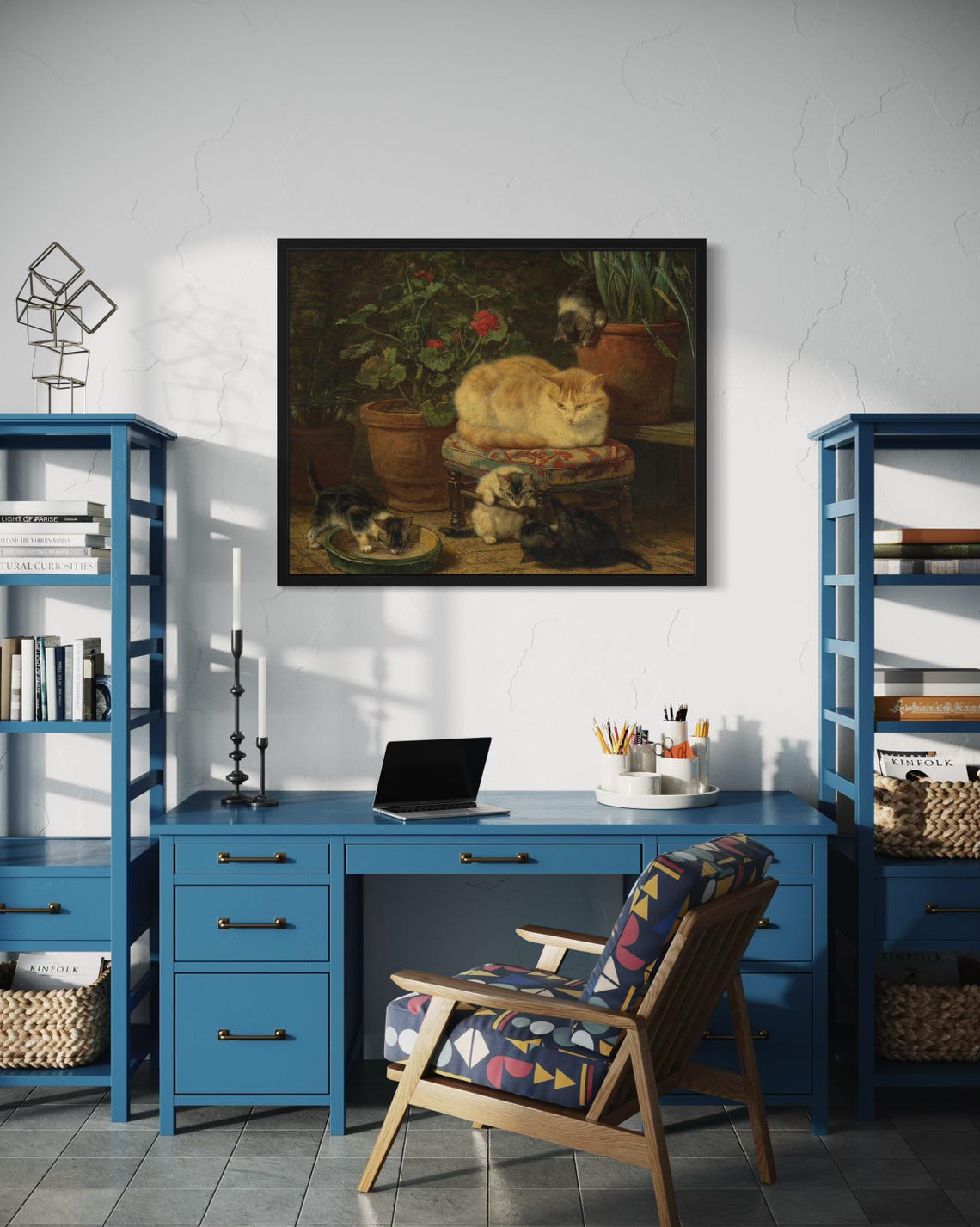 Ginger Mother Cat With Kittens Among Geranium Pots Vintage Poster - Image 4