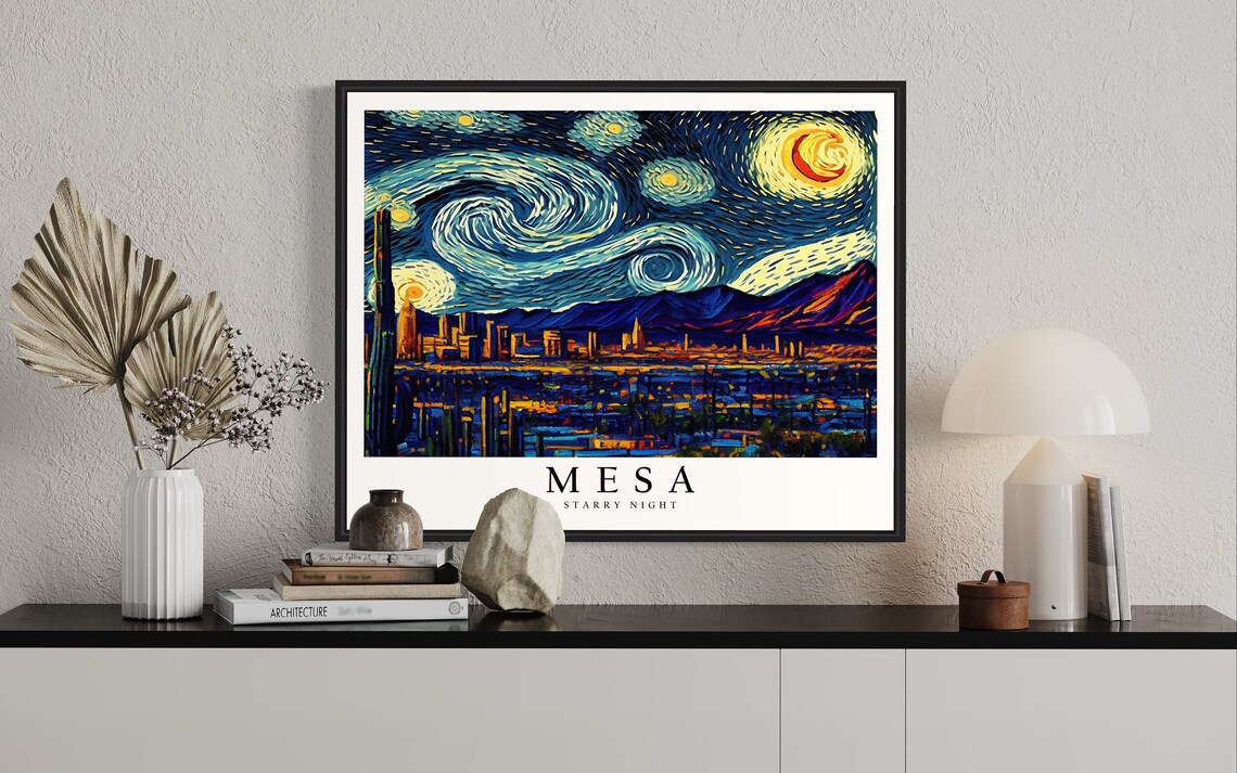 Mesa Arizona Starry Night Desert City Mountains Skyline Sunset Art Poster - Image 2