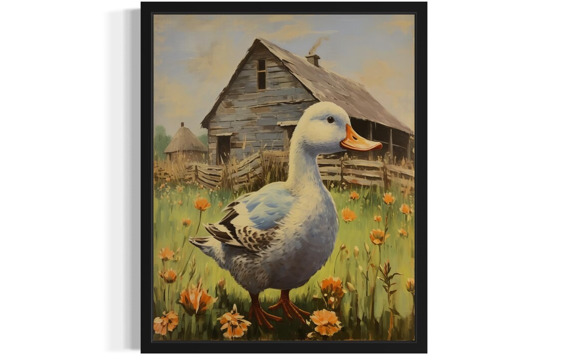 White Farm Duck in a Flower Meadow Before a Barn Vintage Poster