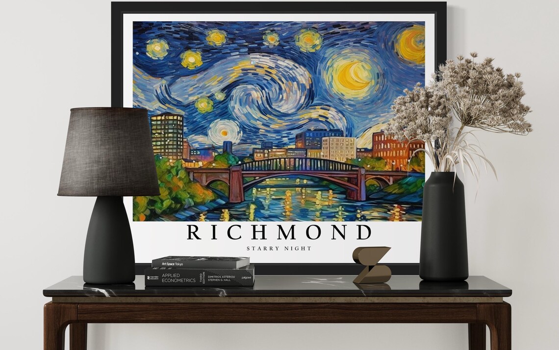 Richmond Virginia Starry Night River Bridge Skyline Art Poster - Image 3