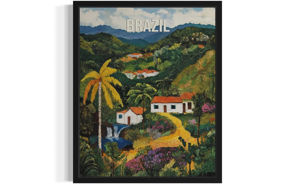 Brazil Bright Waterfall Village Lush Tropical Hills Folk Art Poster