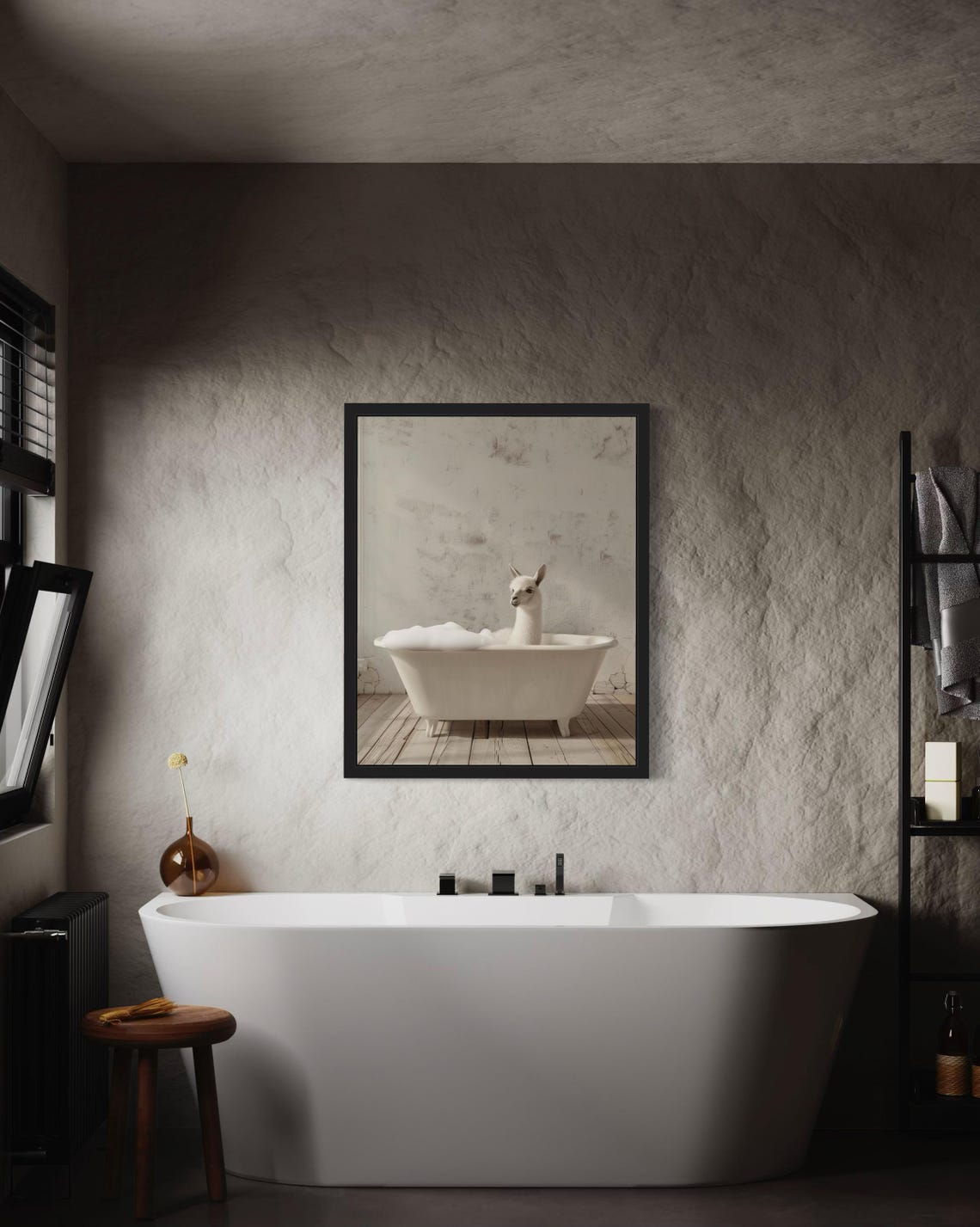White Llama Standing in a White Bubble Bath Tub Rustic Photo Poster - Image 2