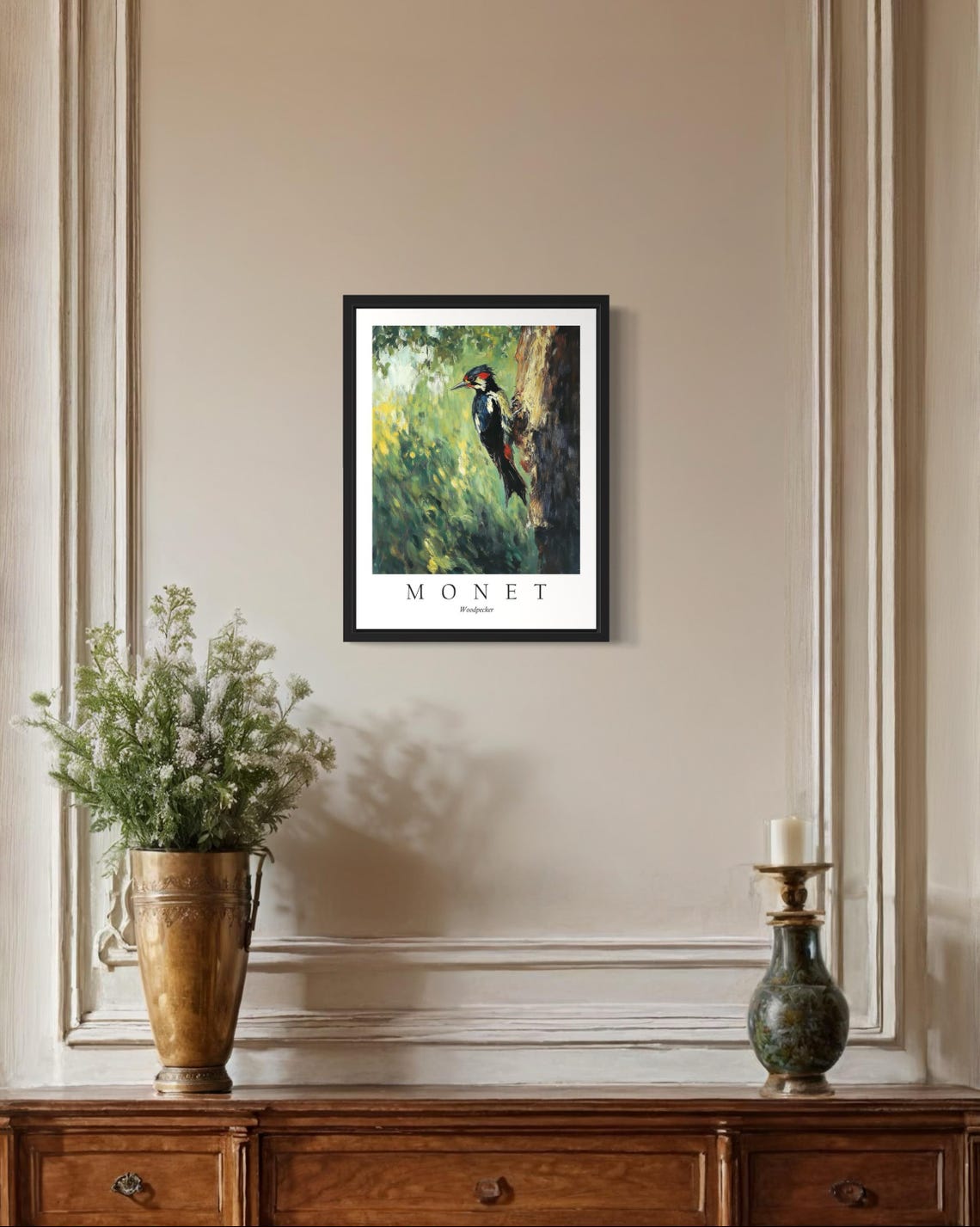 Woodpecker Clinging to a Sunlit Tree Trunk Monet Style Bird Poster - Image 2