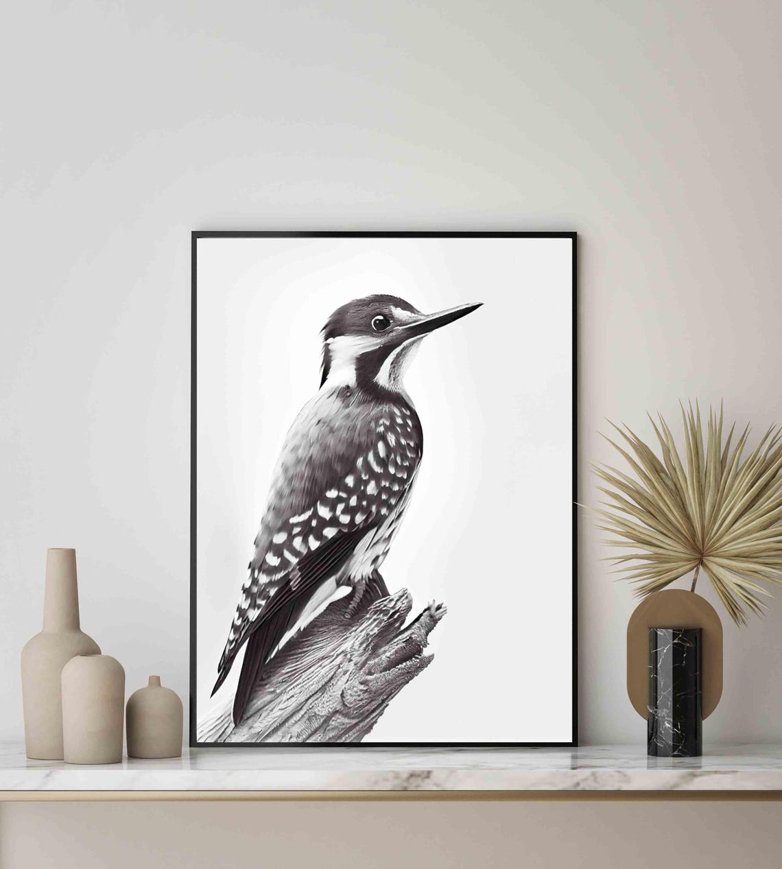 Woodpecker Black and White Spotted Bird on Tree Stump Poster - Image 3