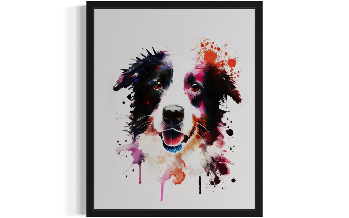 Smiling Border Collie Colorful Watercolor Portrait Dog Poster