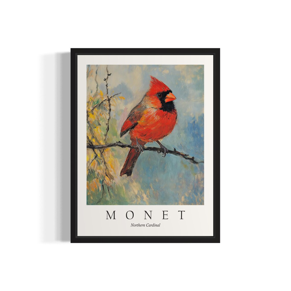 Northern Cardinal on a Winter Branch Monet Style Songbird Poster