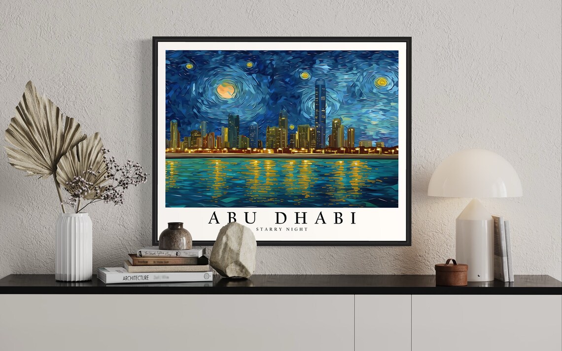 Abu Dhabi UAE Starry Night Waterfront Skyline Moonlit Night Glow Art Poster - Image 2