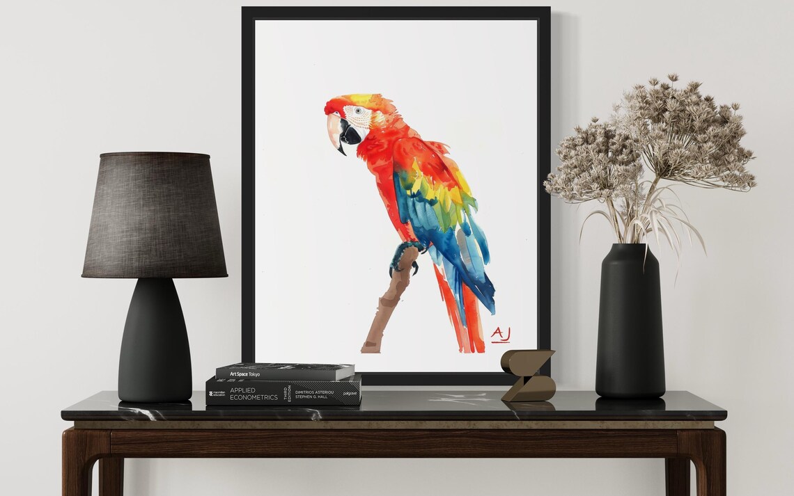 Scarlet Macaw Perched On Branch In Watercolor Parrot Art Poster - Image 3
