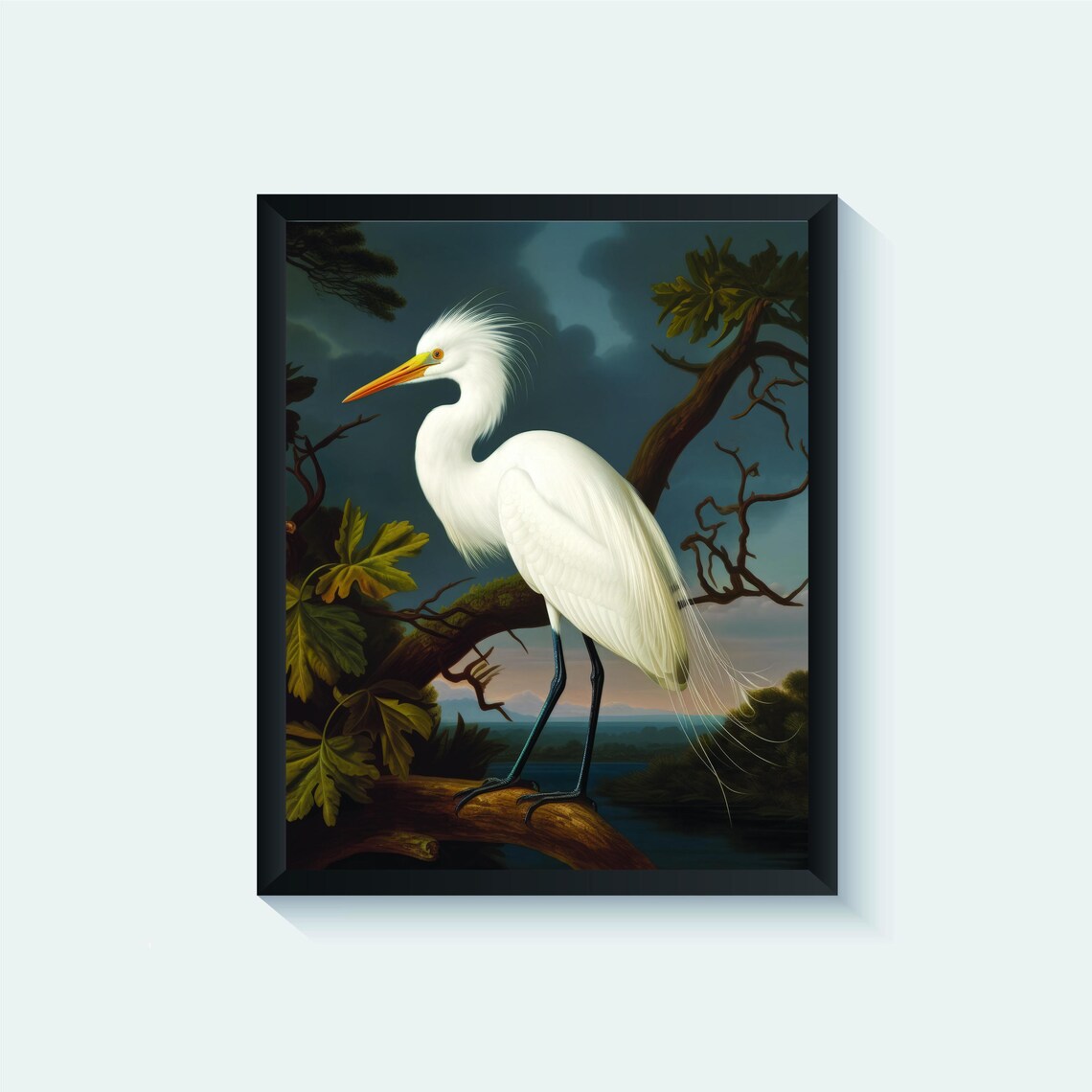 Great Egret Above Dark Water at Dusk Vintage Bird Art Poster