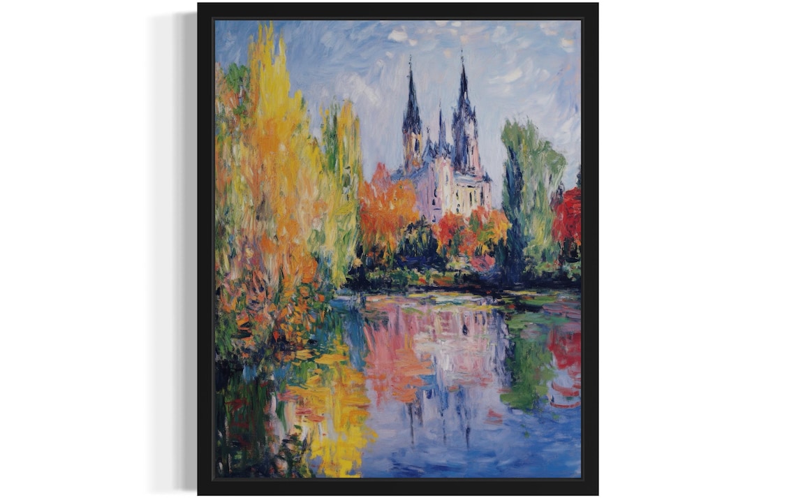 Poland Twin Spire Cathedral Riverside Autumn Monet Style Poster